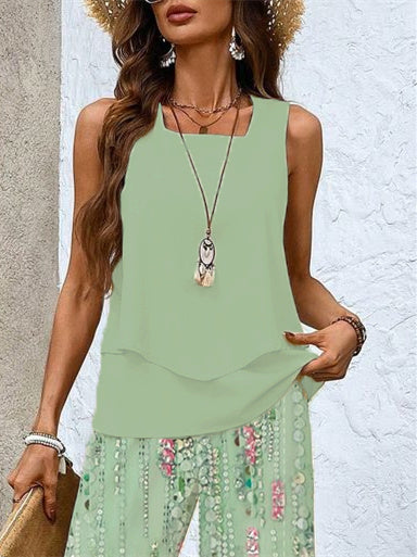 Women's Sleeveless Square Collar Graphic Printed Casual Set