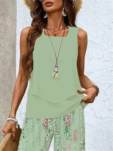 Women's Sleeveless Square Collar Graphic Printed Casual Set