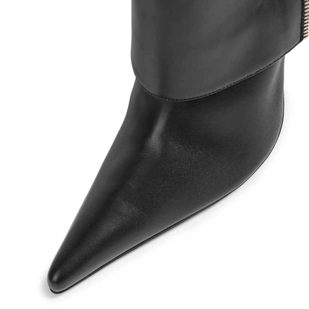 Black High Heeled Vegan Leather Pointed Side-Zip Fold-Over Booties