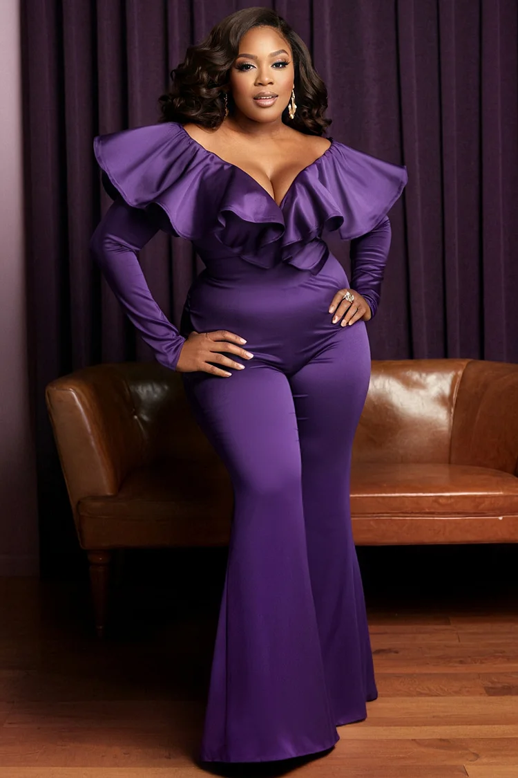 Xpluswear Design Plus Size Formal Purple Elegant V Neck Long Sleeve Ruffle Jumpsuits [Pre-Order] 2024 - Xpluswear