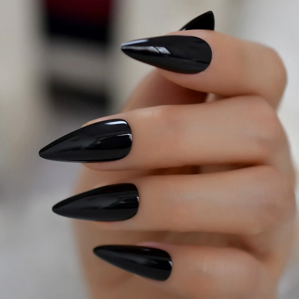 Sharp Pointed Fake Nails Black Gelnails Medium-Long Size Real Stiletto Point Acrylic Nail Tips 24-Nail Inspo