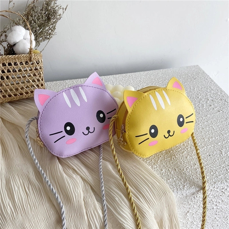 Kid’S Small Pu Leather Cat Cute Round Zipper Crossbody Bag
