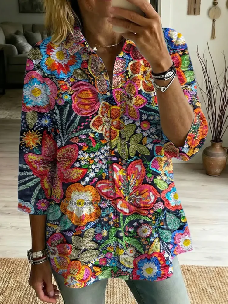 Women's Retro Floral Art Print Casual Lapel Cotton Shirt