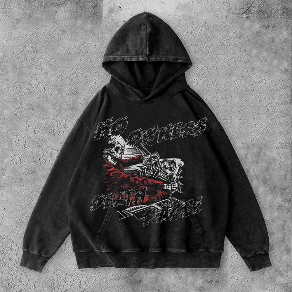 Contrast Color Personalized Skull Driving Print Washed Hoodie