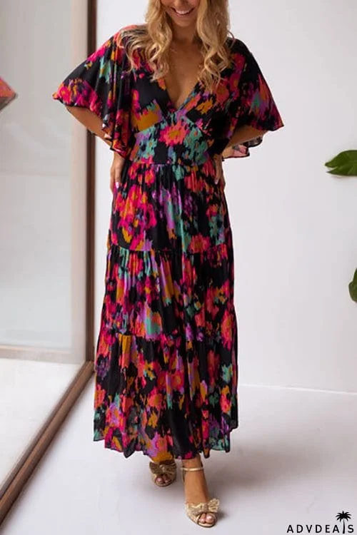 V Neck Floral Bat Maxi Dress