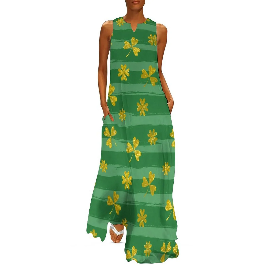 Style & Comfort for Mature Women Plus Size Printed Sleeveless Casual Women Maxi Dress with Pockets in Pattern St. Patrick's Day, Green, Clover, Lucky