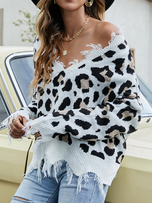 Leopard V Neck Vintage Loosen Sweater S125- Fabulory