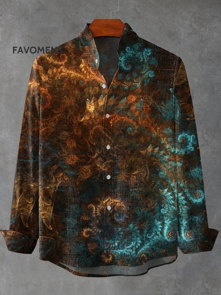 Vintage Burning Pattern Paisley Art Print 100% Cotton Long Sleeve Shirt Multicolor / S