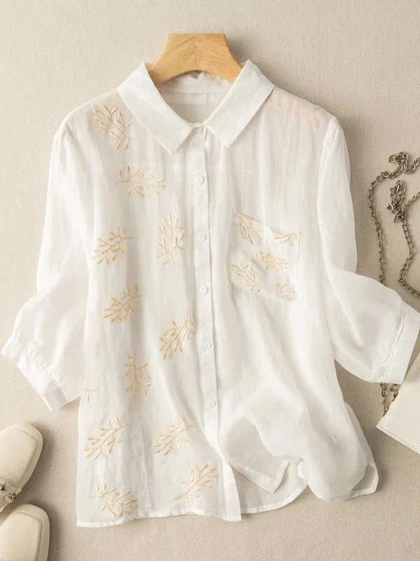 Embroidered 3/4 Sleeve Casual Linen Shirt Top With A Patch Pocket