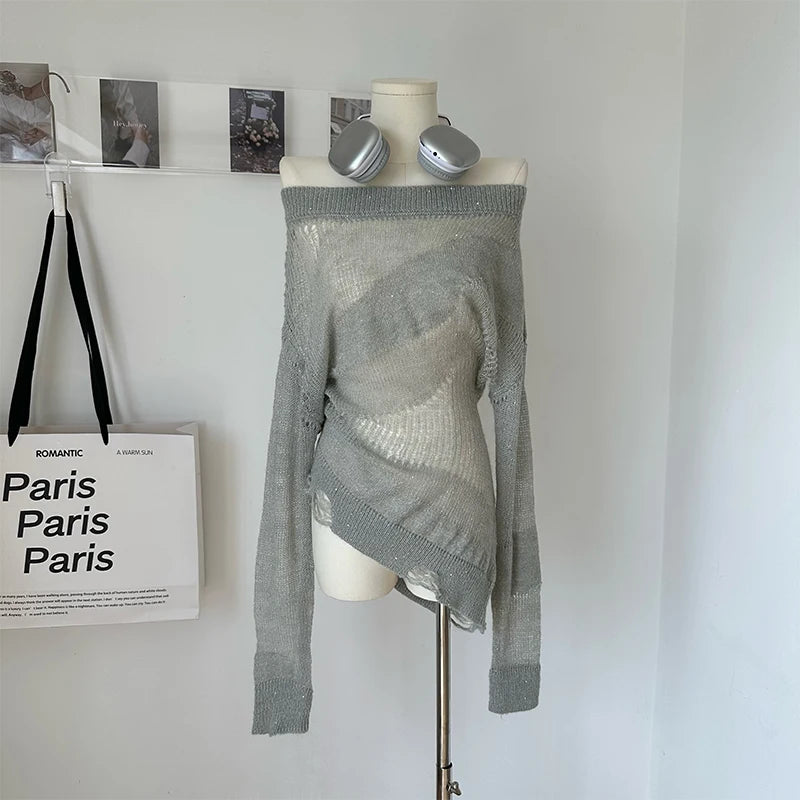 Aiertu Women's Pullover Knitted Torn Sweater Harajuku Long Sleeve Knit Jumper Sweaters Korean Y2k 2000s 90s Aesthetic Vintage Clothes Aiertu