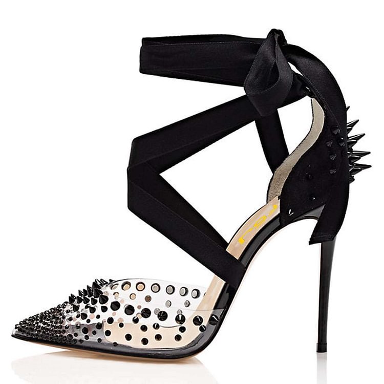 Black Pointy Toe Clear Heels Studs Shoes Transparent Cross over Pumps |FSJ Shoes