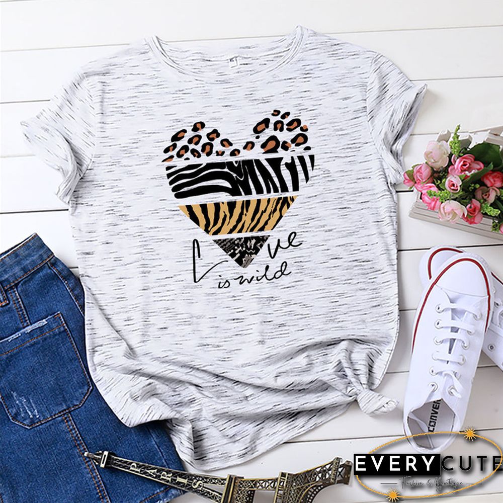 White Woman Tshirts Summer TShirt Fashion Heart Leopard Print Shirt 100%Cotton Tops O Neck Short Sleeve Tees Women Graphic Tee