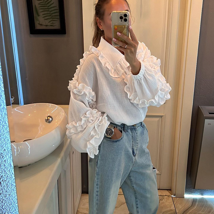 Ootddress White Ruffled Casual Shirts For Women Fashion Patchwork Cardigan Lapel Long Sleeve Outwear Slim Ladies Shirts 2025 New