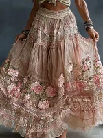 Women's Romantic Floral Roses Art Linen Blend Casual Skirt