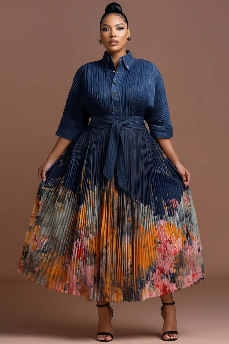 Xpluswear Design Plus Size Business Casual Multicolor Floral Shirt Collar Short Sleeve Pleated Button Satin Maxi Dresses [Pre-Order] 2024 - Xpluswear