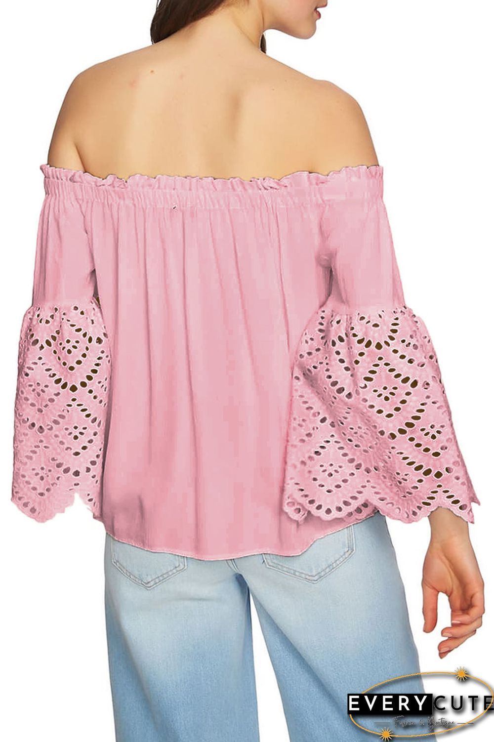 Pink Off The Shoulder Eyelet Sleeves Blouse