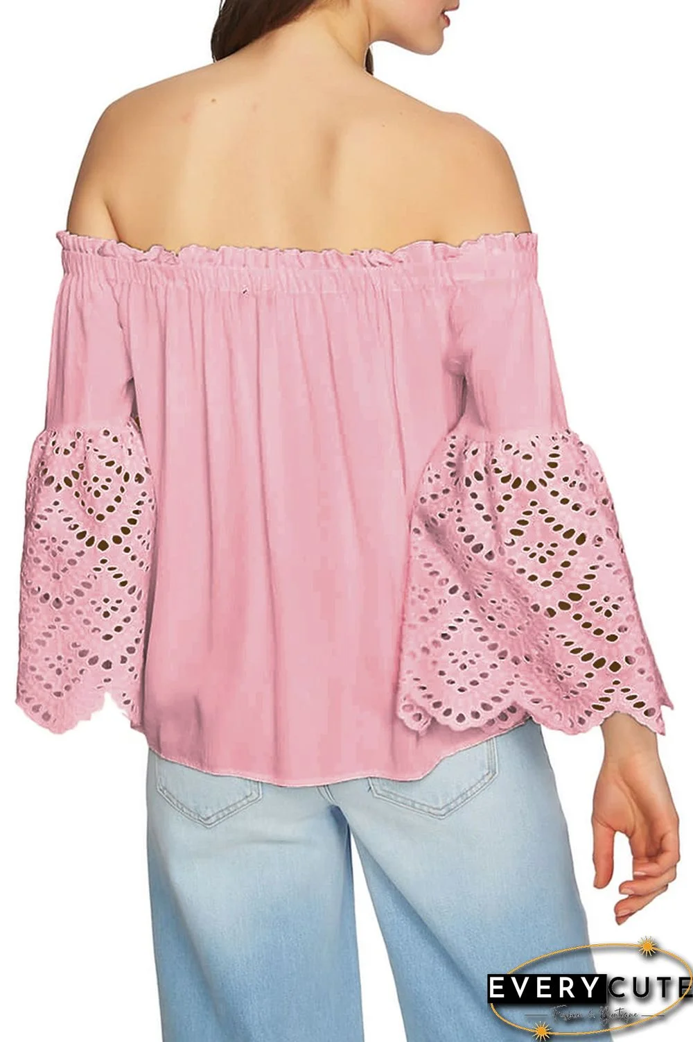 Pink Off The Shoulder Eyelet Sleeves Blouse