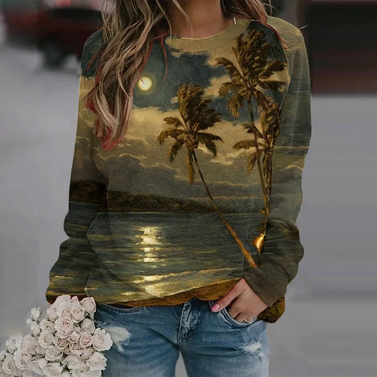 Moon Over Lahaina Print Casual Sweatshirt