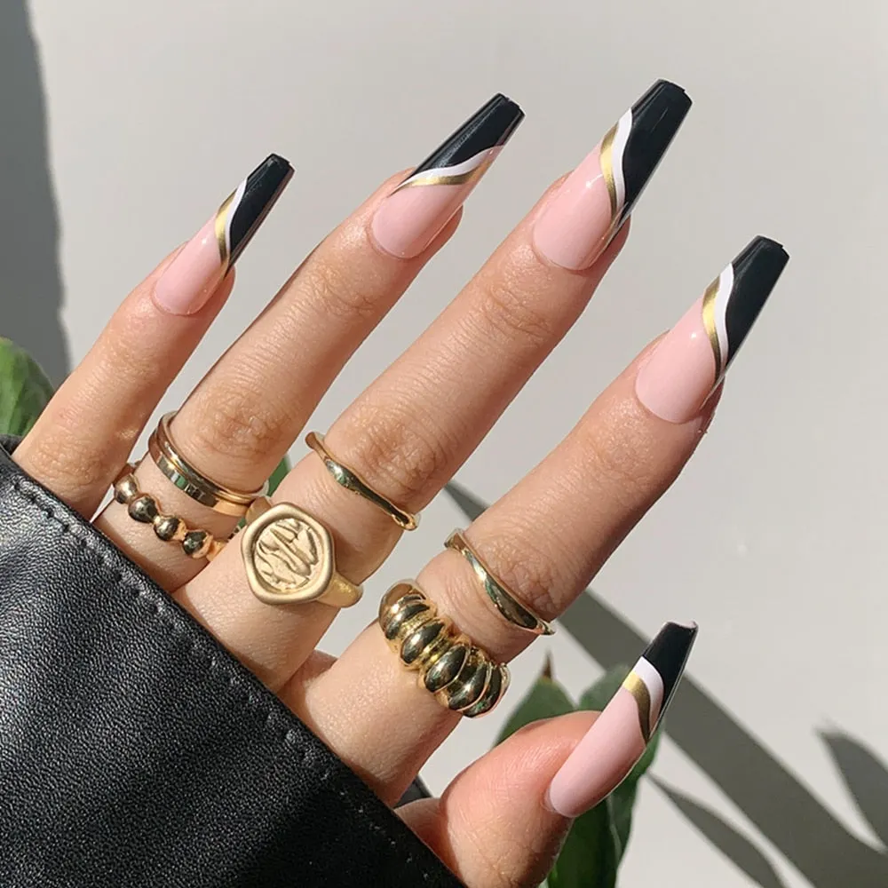 Extra Long Coffin Fake Nail Black And White Plaque False Nails French Ballerina Artificial Full Cover Nail Tips Press On Nail 515-1-Nail Inspo