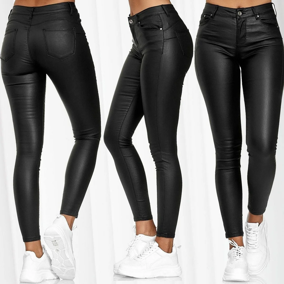 Leather Casual Pants Small Feet Pants Women Warm Trousers Sexy Tight-Fitting Ladies Stretch High-Waist Pants Fashion Pure Color