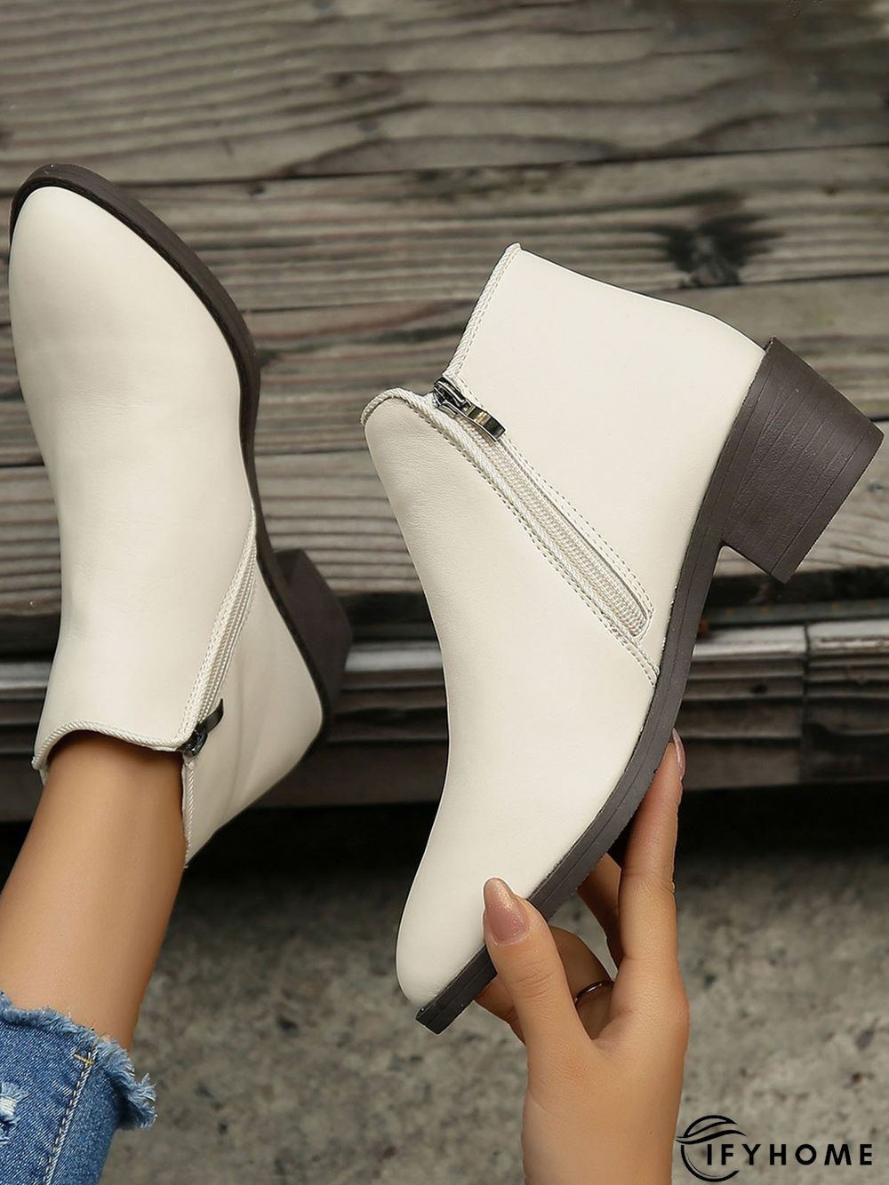 Simple Zipper Pointed Toe Chunky Heel Booties | IFYHOME