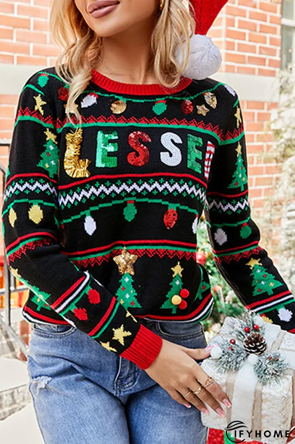 Casual Letter Christmas Tree Printed Sequins Patchwork O Neck Tops | IFYHOME