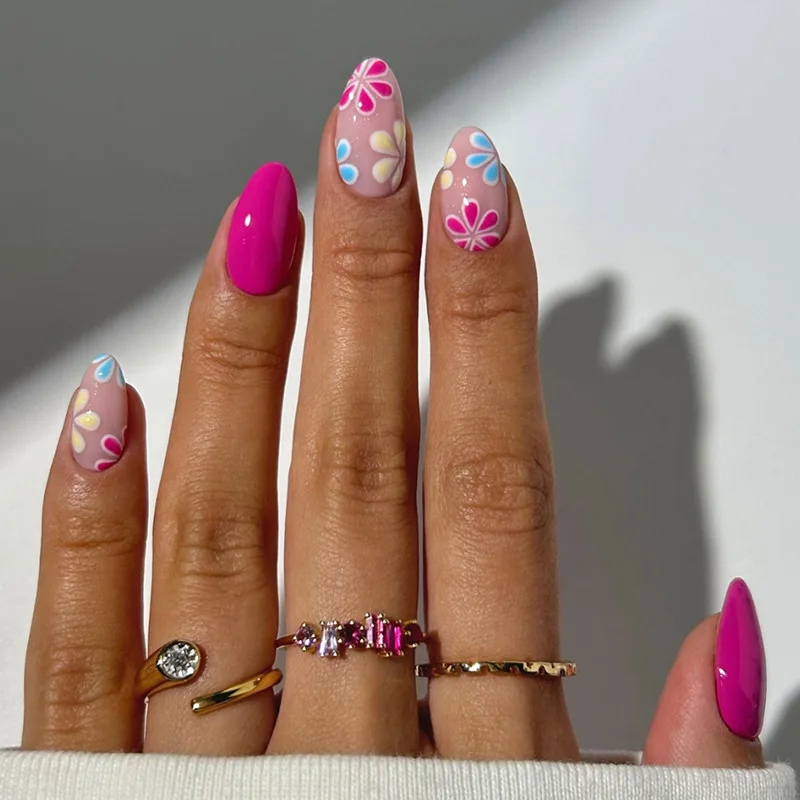 Lidudu French Press on Fake Nails with Flowers Designs Summer Blue Short Almond False Nails Wearable French Full Cover Press on Nails