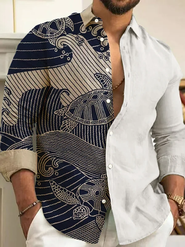 Men's Rough Seas Wave Turtle Color Block Japanese Art Print Long Sleeve Shirt
