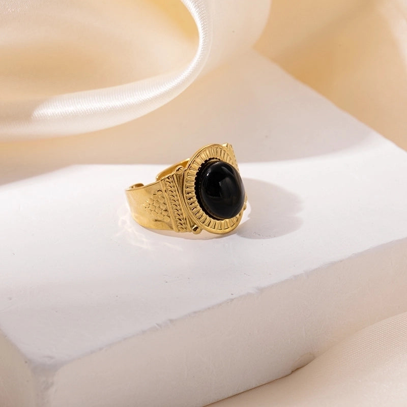 304 Stainless Steel 14K Gold Plated Vintage Style Streetwear Commute Plating Inlay Oval Natural Stone Open Rings