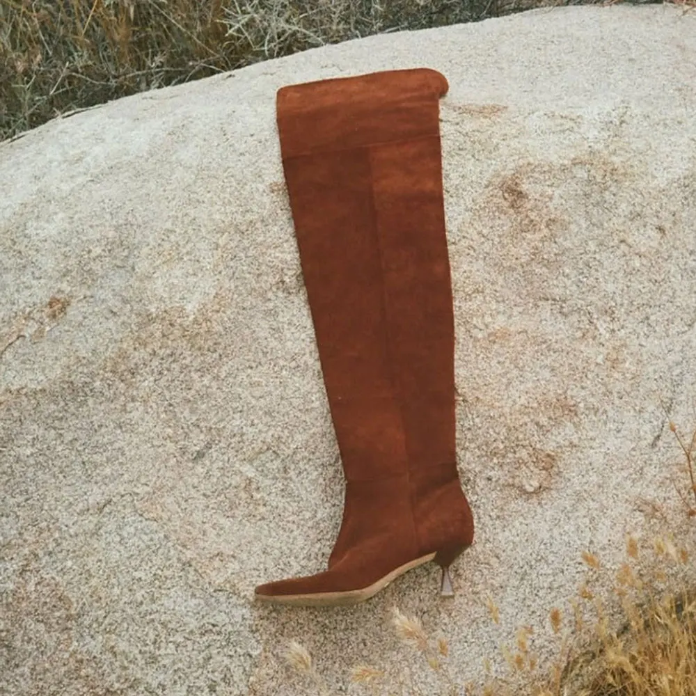 YDN Vegan Suede Kitten Heel Thigh High Slouch Boots in Brown