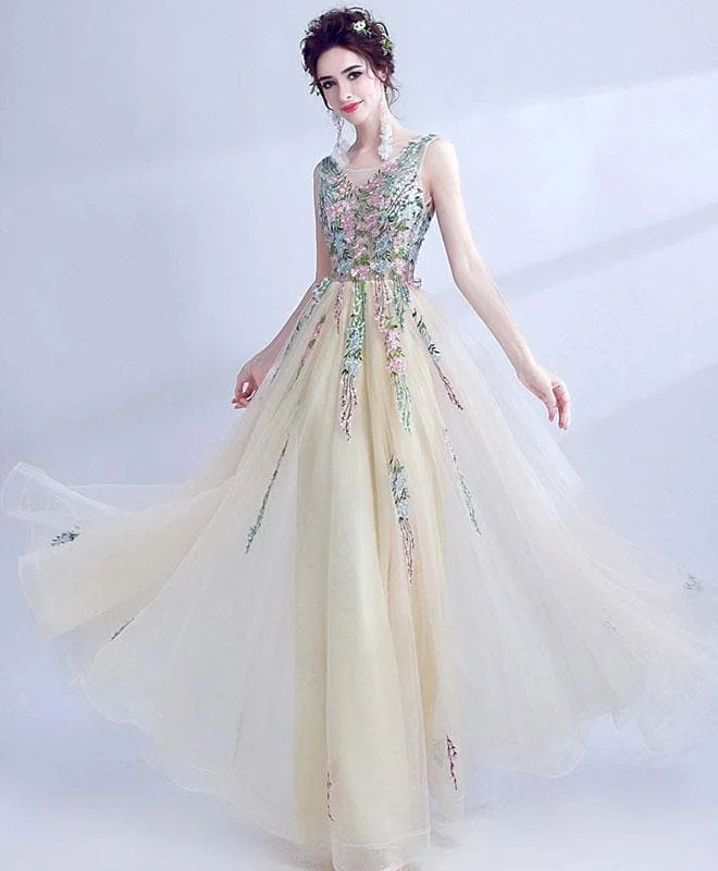 Light Champagne Tulle Long Prom Dress, Evening Dress