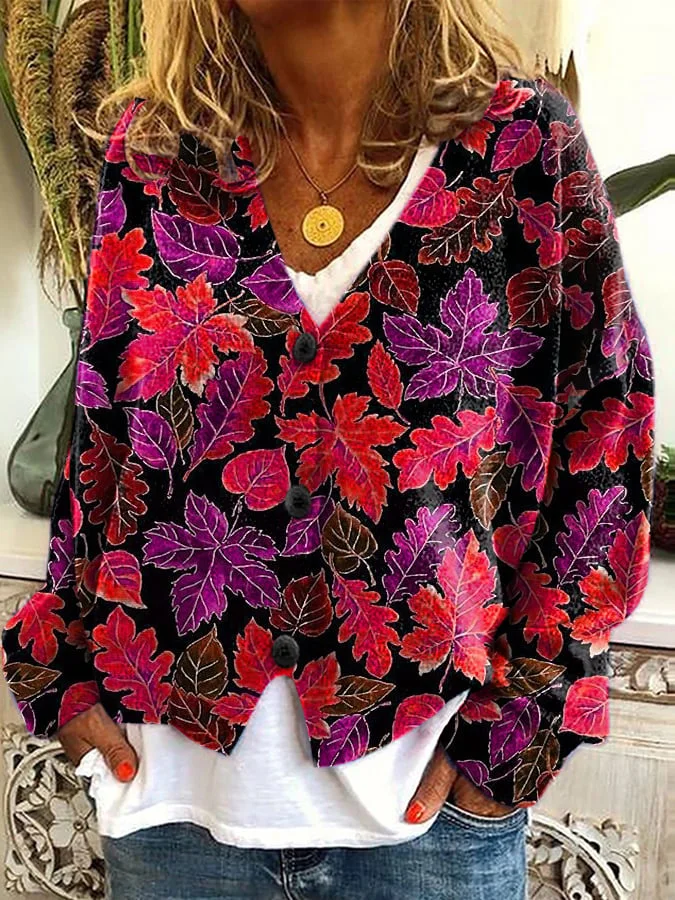 Fashionable Casual Autumn And Winter Leaf Print Plush Cardigan