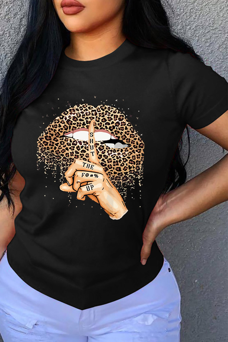 Street Lips Printed Patchwork O Neck T-Shirts