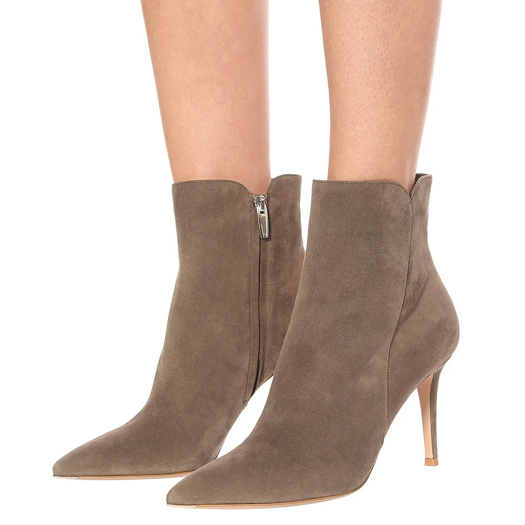 Taupe Vegan Suede Stiletto Heel Pointed Toe Ankle Boots for Women