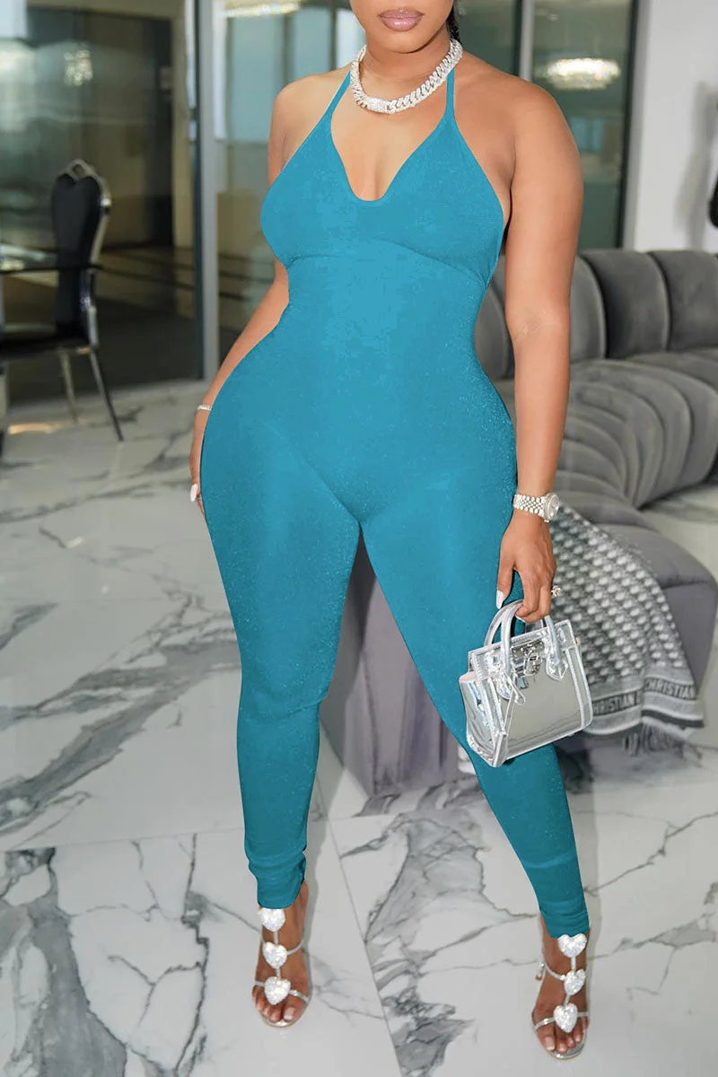 Sexy Solid Split Joint Spaghetti Strap Skinny Jumpsuits