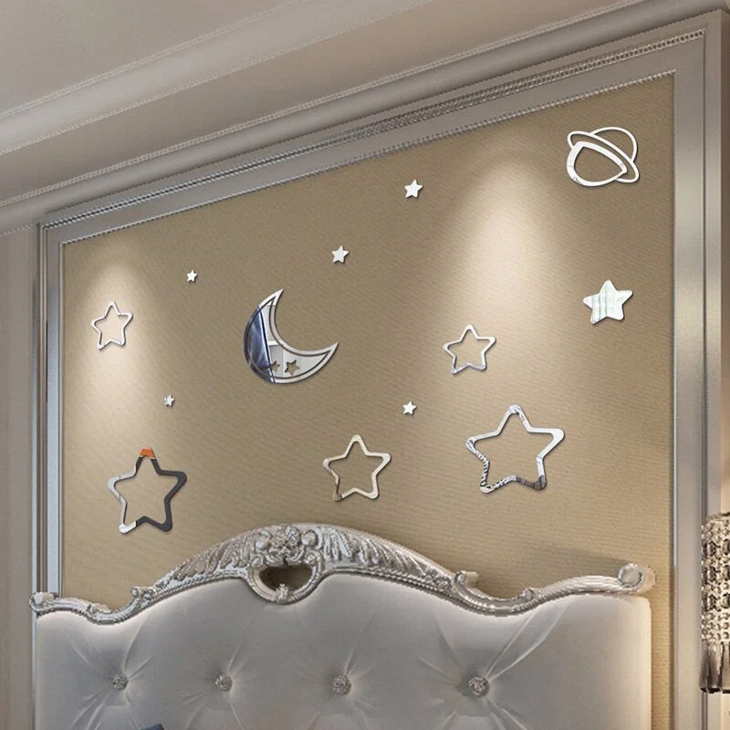 Acrylic Star Moon Planet 3D Mirror Wall Sticker Mirror Mural Acrylic Decals for Room Toilet Bathroom Stickers Wall Decor Mural