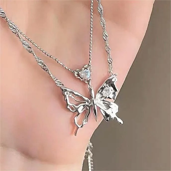 Chic Layered Antique Silver Butterfly Necklace