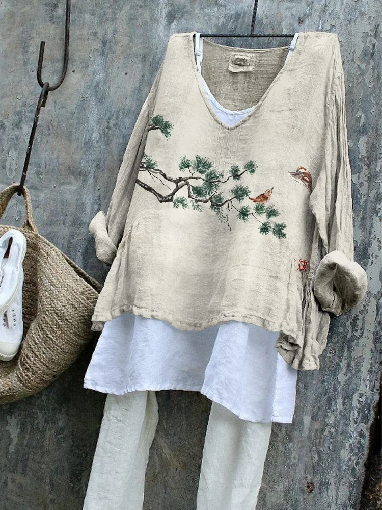 Japanese Pine Tree and Sparrows Art Linen Blend Tunic