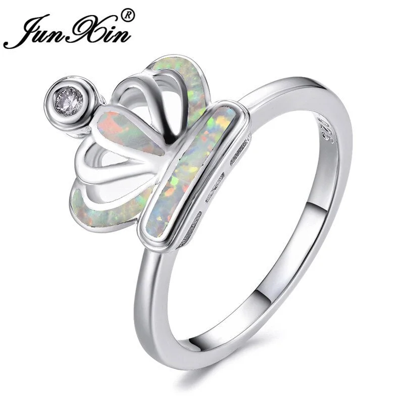 Cute Female Queen Crown Ring Fashion Silver Color Wedding Rings For Women Boho Blue White Fire Opal Engagement Ring
