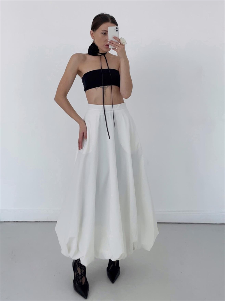 TARUXY Silk Satin White Maxi Skirt Long Ruffled Pleated Skirts Elegant Lantern Pants A-Line Silk Long Skirts For Women 2023 New