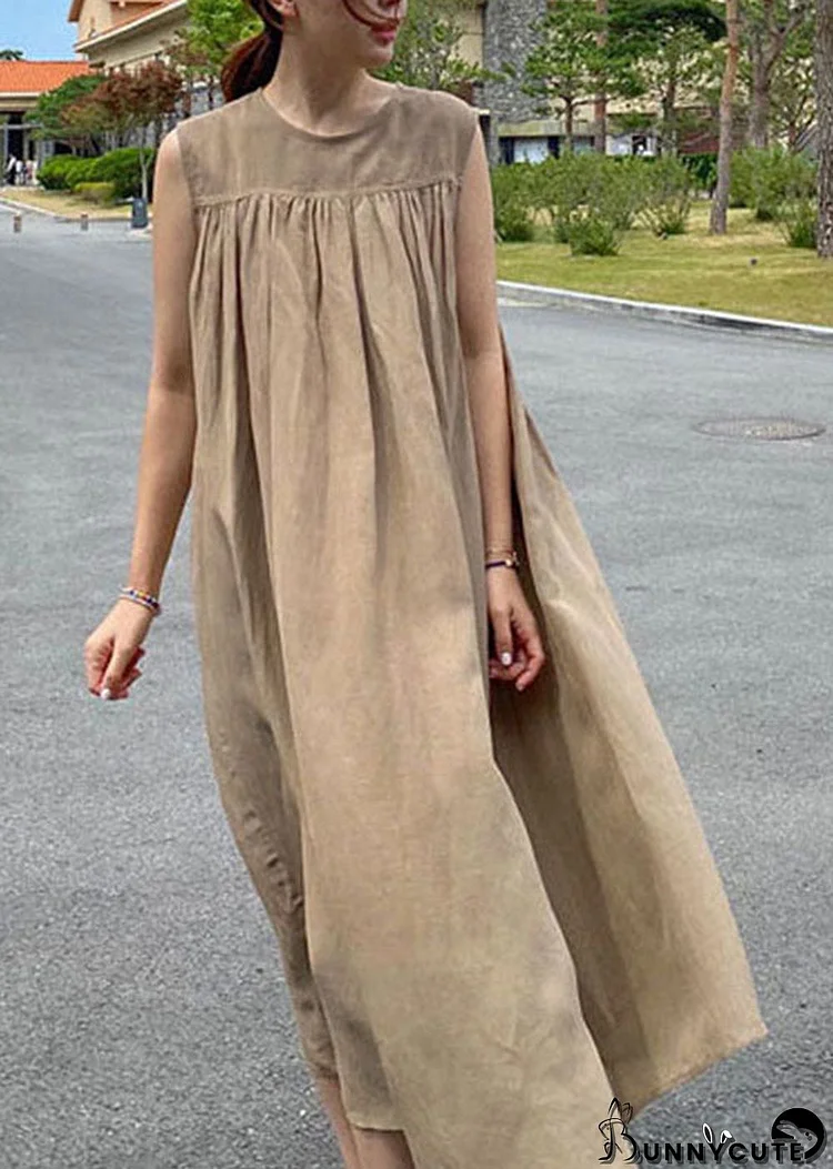 Simple Khaki O-Neck Cotton Long Dresses Sleeveless