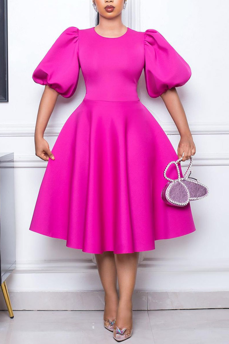 Xpluswear Plus Size Hot Pink Semi Formal O Neck Puff Sleeve A-Line Midi ...