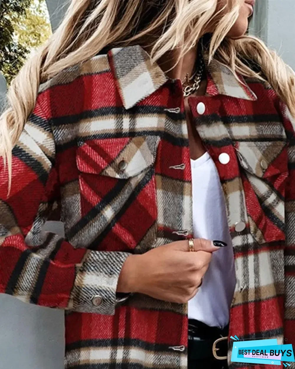 Plaid Print Button Front Long Sleeve Shacket