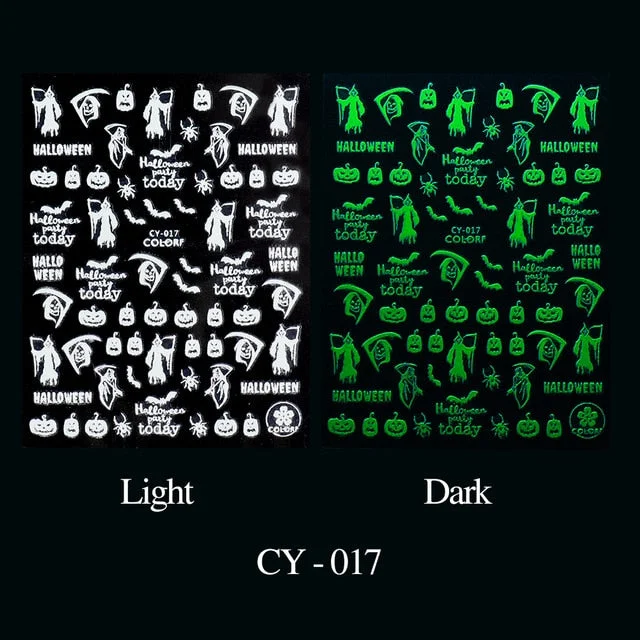 Nail Stickers Back Glue Fluorescent Light Halloween Pumpkin Little Ghost Designs Nail Decal Decoration Tips For Beauty Salons-Nail Inspo