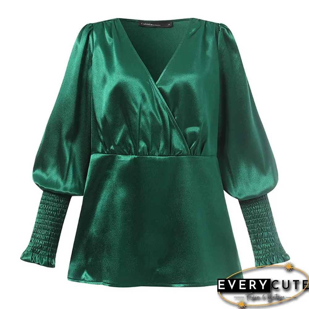 Womens Long-Sleeve Neck Blouse Spring/Autumn Elegant Casual Silk Shirt Ladies Pleated Tops