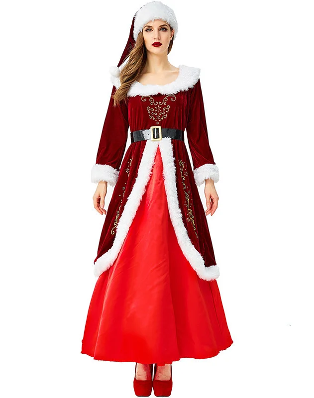 Christmas Costume Burgundy Long Sleeve Christmas Queen Performance Costume  Novameme