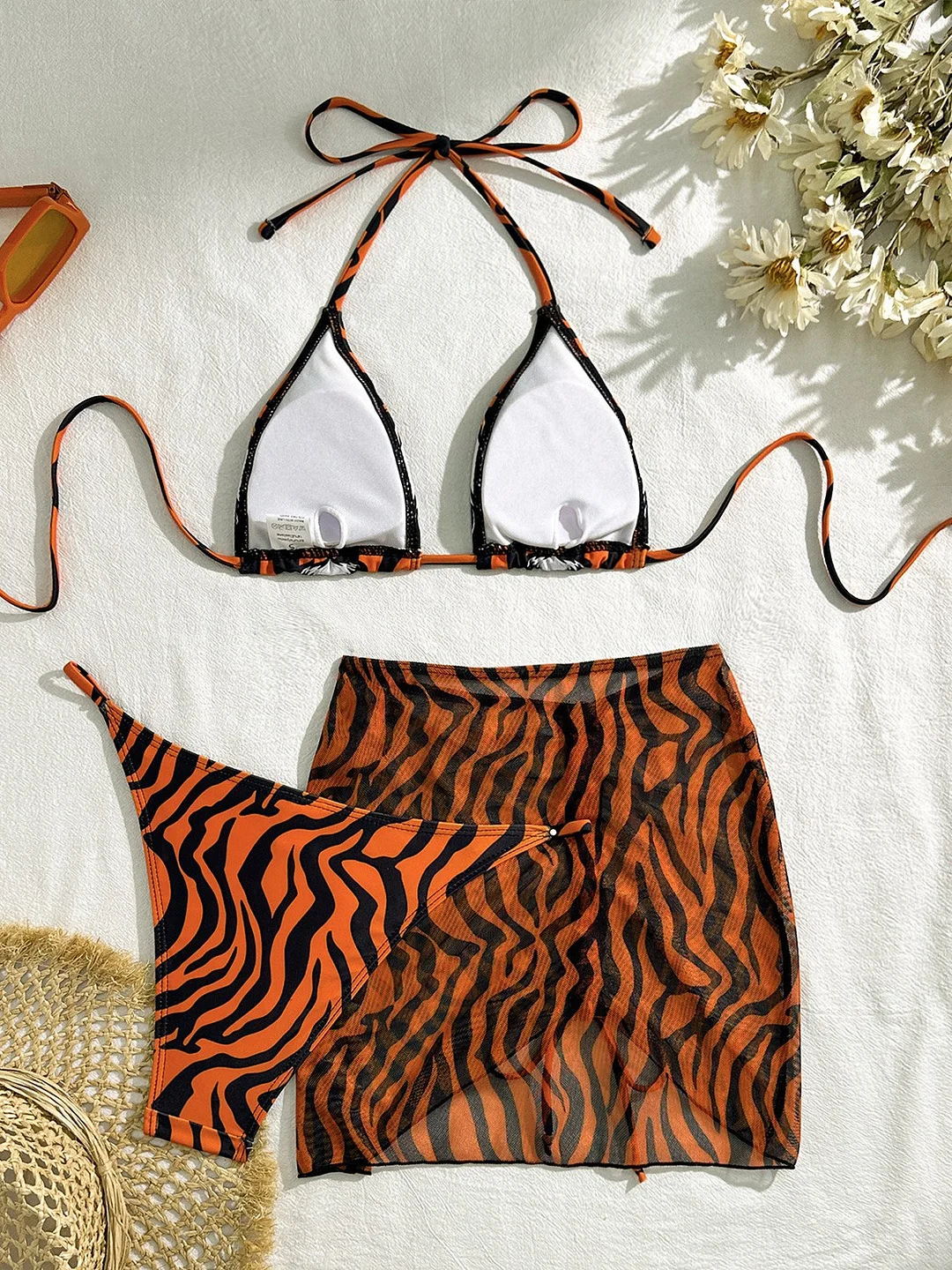 Uveng 2024 New Sexy Tiger Head Striped Three-Piece Swimsuit Swimsuit Bikini Bikini