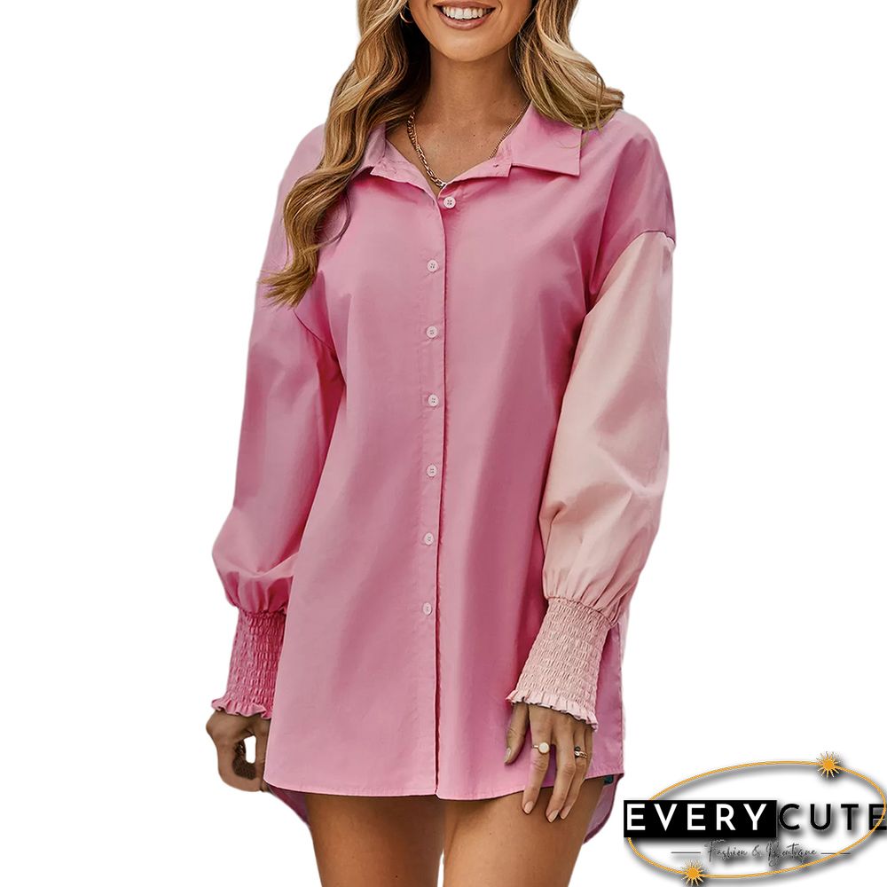 Pink Contrast Button Pleated Cuffs Long Sleeve Shirt