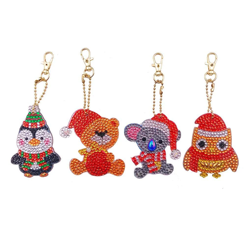 4pcs DIY Full Drill Special Shaped Diamond Painting Cute Animal Key Chain