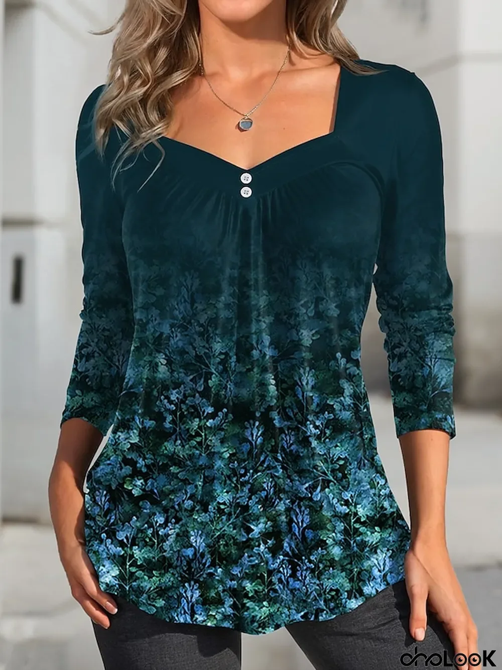 Women's T shirt Tee Floral Casual Holiday Blue Purple Green Print Button Long Sleeve Fashion Square Neck Regular Fit Spring & Fall